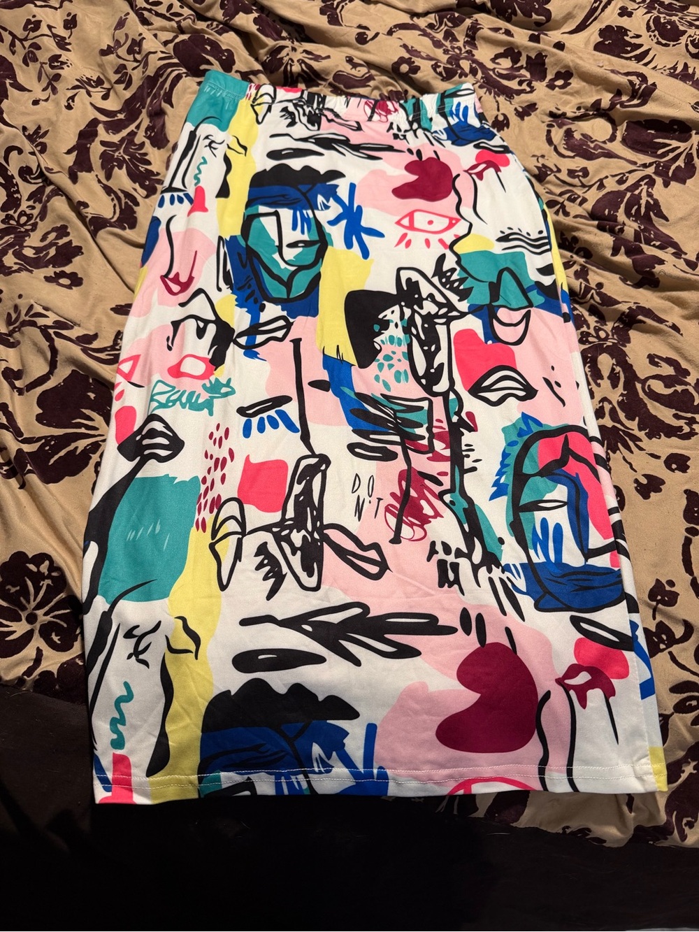 SHEIN Abstract Print Midi Skirt in White with Teal, Pink & Yellow Accents